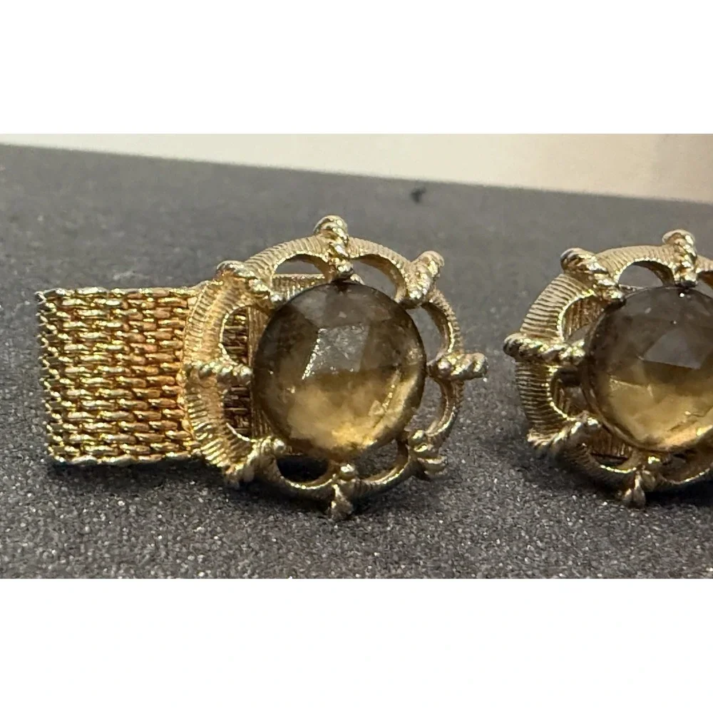 Vtg Gold Tone Mesh Wrap Cufflinks Golden Brown Cabochon Midcentury
